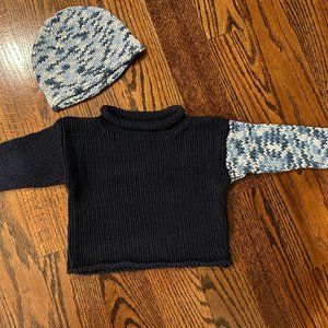 NEW La Folie hand-knit boys navy blue sweater w/hat 0-12M